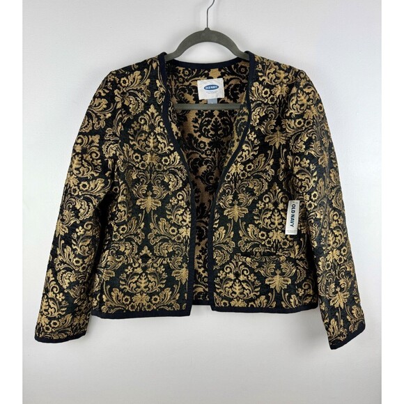 Old Navy Jacket Women Medium Jacquard Open Front Blazer Black Gold Office, party - Picture 1 of 14